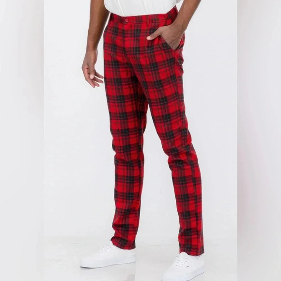 Red Plaid Trousersr Pants - Picture 2 of 6